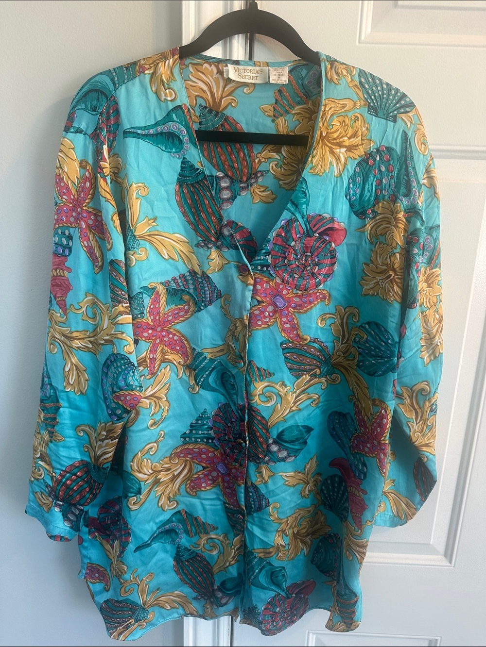 Victoria's Secret Vintage Turquoise Button-Down Silk Night Gown